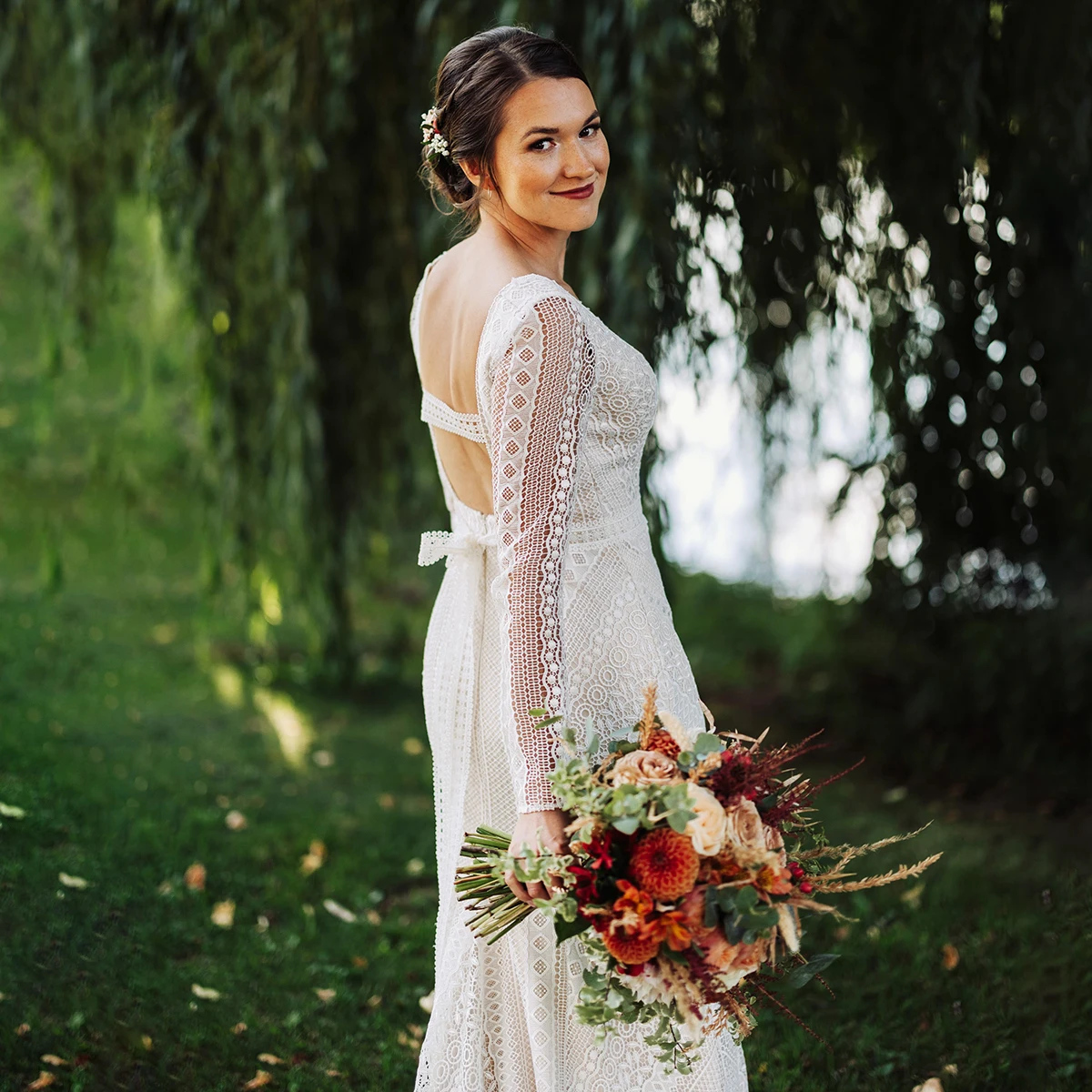 Mermaid Boho Fitted Long Sleeves Wedding Gowns V Neck Open Back Brush Train Elegant Garden Customized Ceremony Bride Dresses