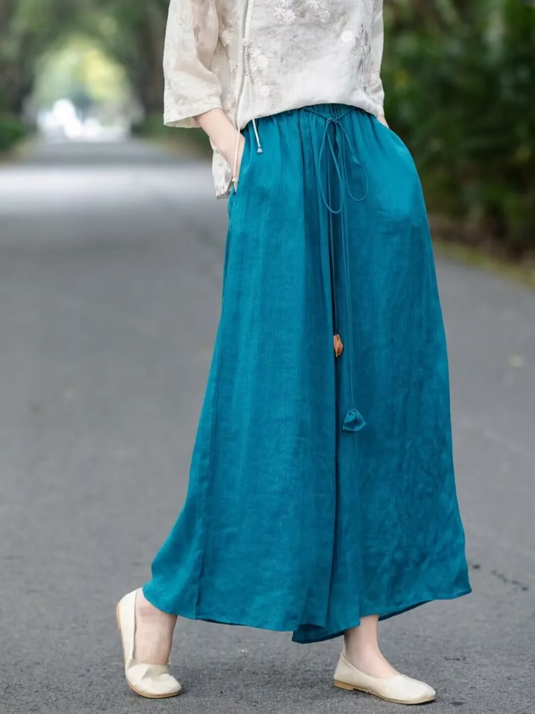 Loose Wide Leg Pants Women's Summer Pure Color Zen Elastic Waist Double Layer Nine Points Drifting Skirt Pants Artistic Natio...