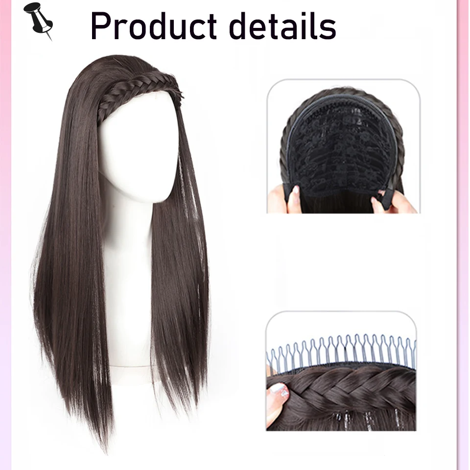 Synthetische lange gerade halbe Perücke im koreanischen Stil mit Zöpfen, Stirnband, schwarz, braun, Clip-in-Haarverlängerung, natürliches gefälschtes Haarteil