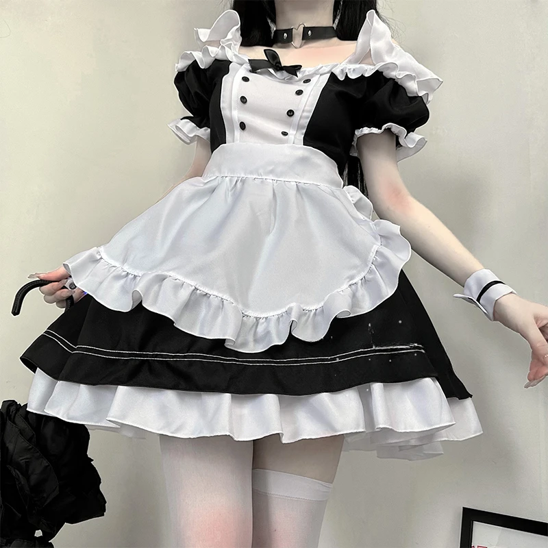 Sweet Maid Gothic Lolita Jurk Halloween Party Cosplay Kat Meisje Fantasie Serveerster Zwart Uniform Anime Off-the-shoulder kostuums