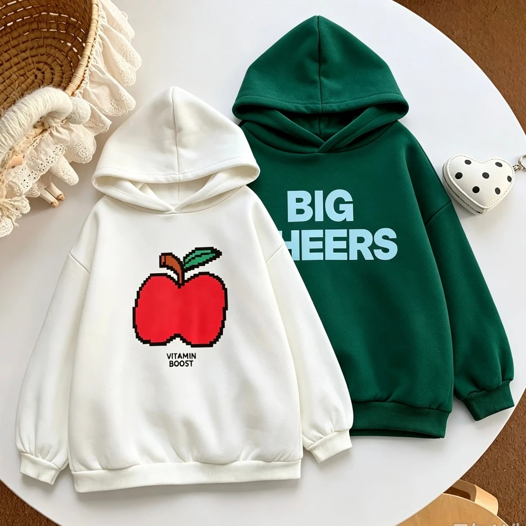 Child's Fashion Casual Sweatshirts Loose Hooded Pullovers Green Beige White Tops For Boys And Girls New Long-sleeved Hoodies