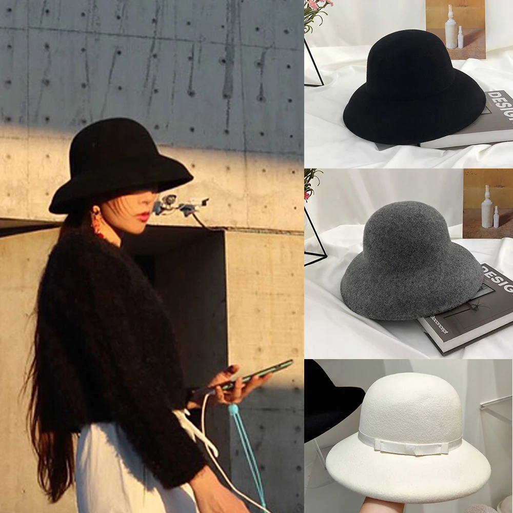 2023 New 100% Wool Hat Bell Hat Women\'s French Elegant Retro Hepburn Autumn and Winter Celebrity Pearl Wool Felt Bucket Hat