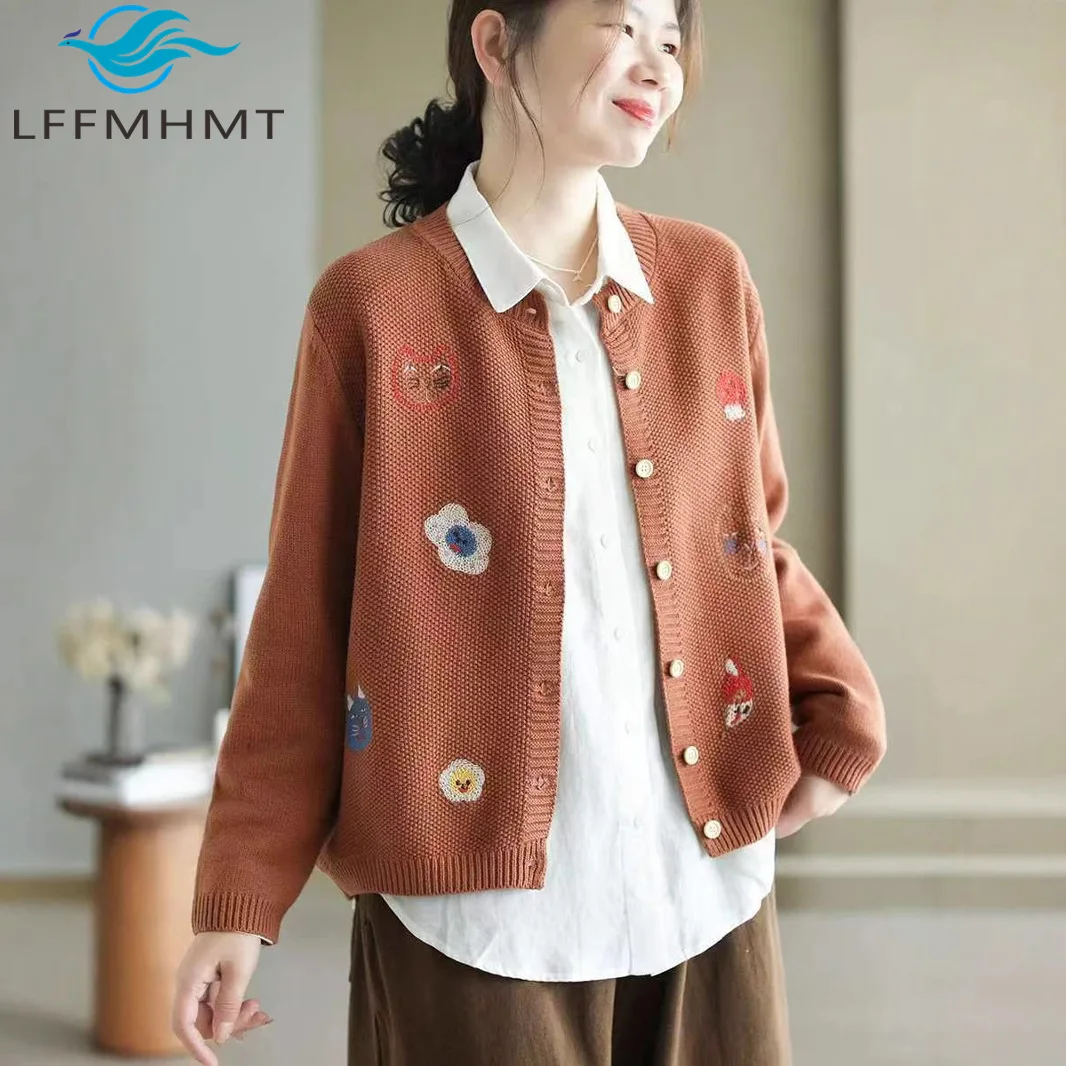 

Мода 202, осень-зима, вязаный кардиган в стиле ретро для женщин, хлопковый свитер с вышивкой, свободный стиль, повседневный свитер с мультяшным дизайном