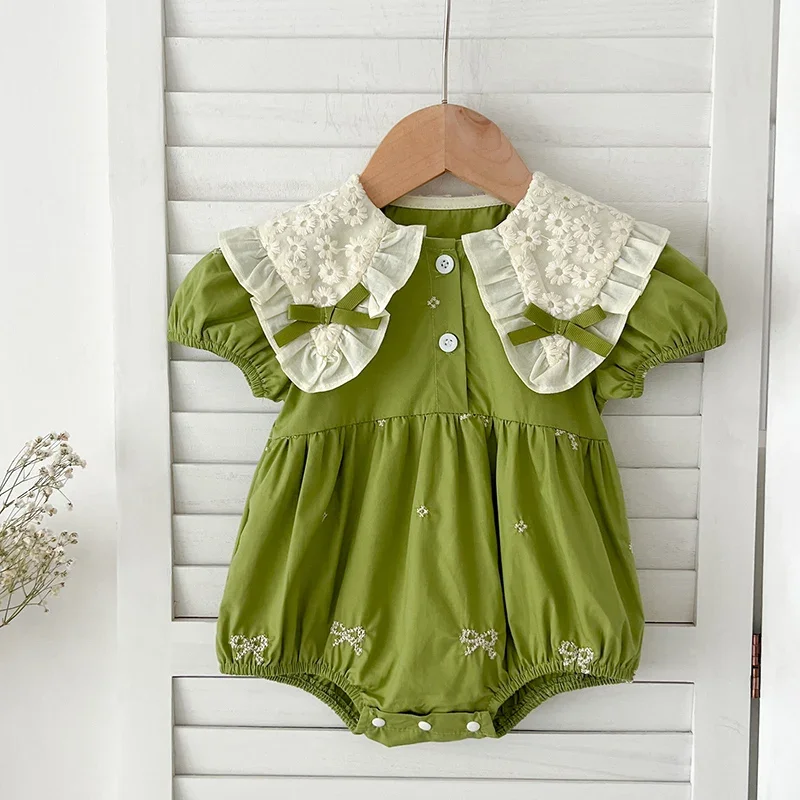 0-24M Baby Girl Clothing Toddler Girls Jumpsuit New Summer Short Sleeved Jumpsuit Cotton Embroidery Splicing Infant Bodysuits