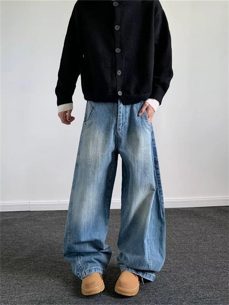 

Синие джинсы с ножом в стиле ретро, мужские свободные брюки с прямыми штанинами, повседневная одежда увеличенной длины в американском стиле