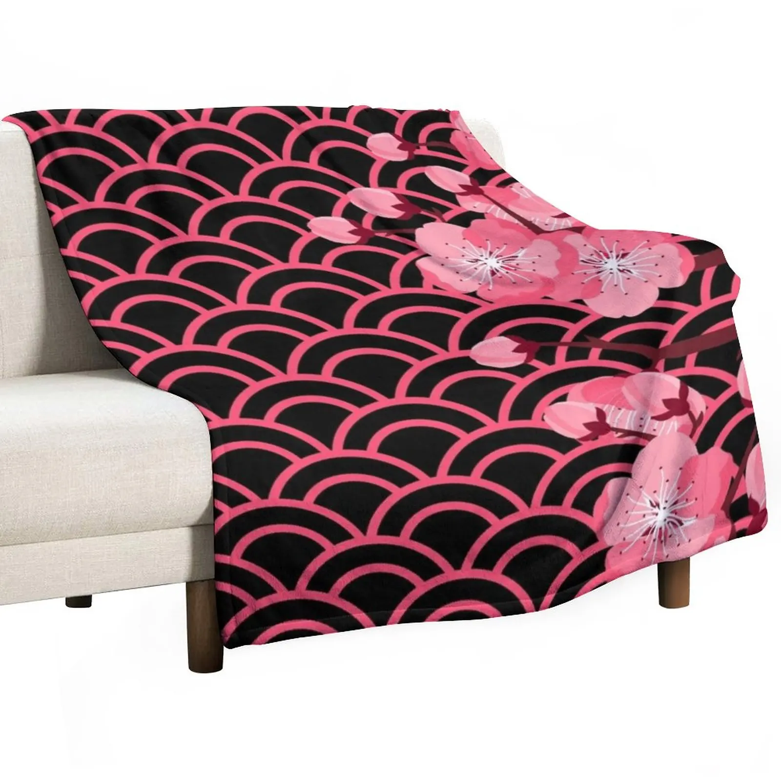 Bright Pink Japanese Sakura Flowers On Pink Wave Pattern Throw Blanket Travel anime Moving decorative Blankets