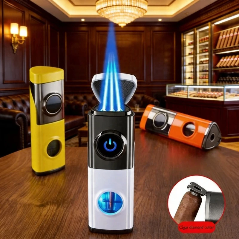 

High-end Cigar Specific Three Fire Butane Gas Lighter Lighter High Power Metal Portable Igniter Smoking Accessories Men's Gift