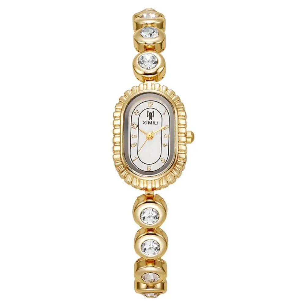 Fashion Rhinestone Women Quartz Watch Oval Dial Minimalist Thin Bracelet Watch Alloy Adjustable Small Dial Watch Ladies