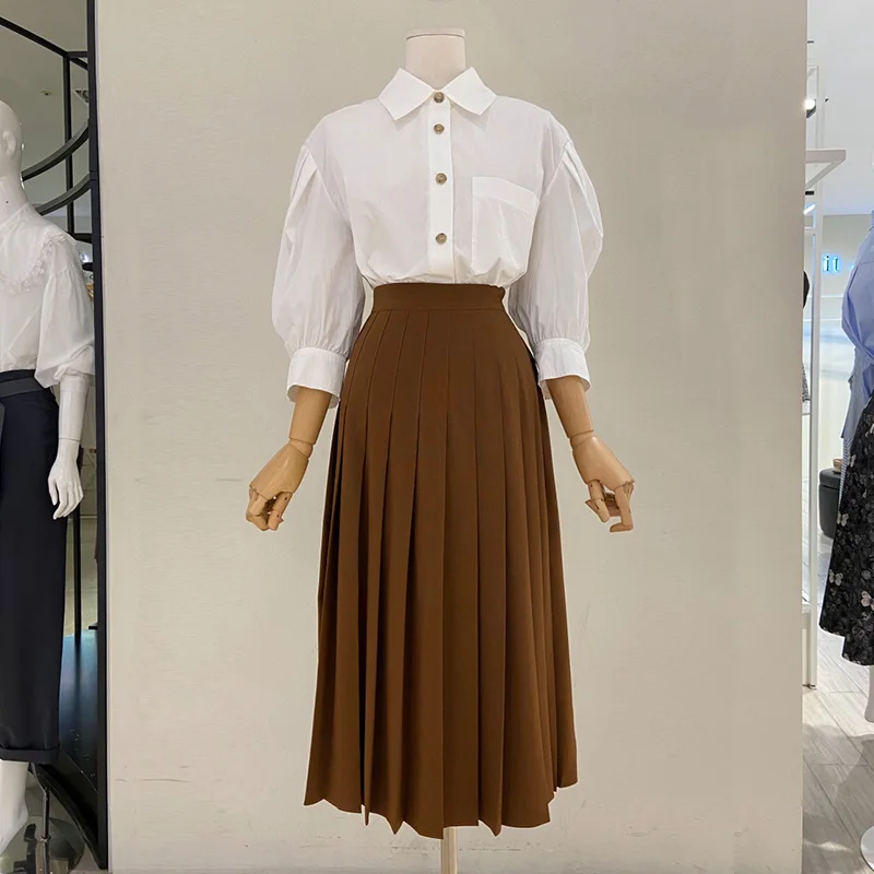 

High Waist Pleated Midi Skirt Women's Design Sensation A-Line Draped Skirts Autumn New Korean Version Pure Color