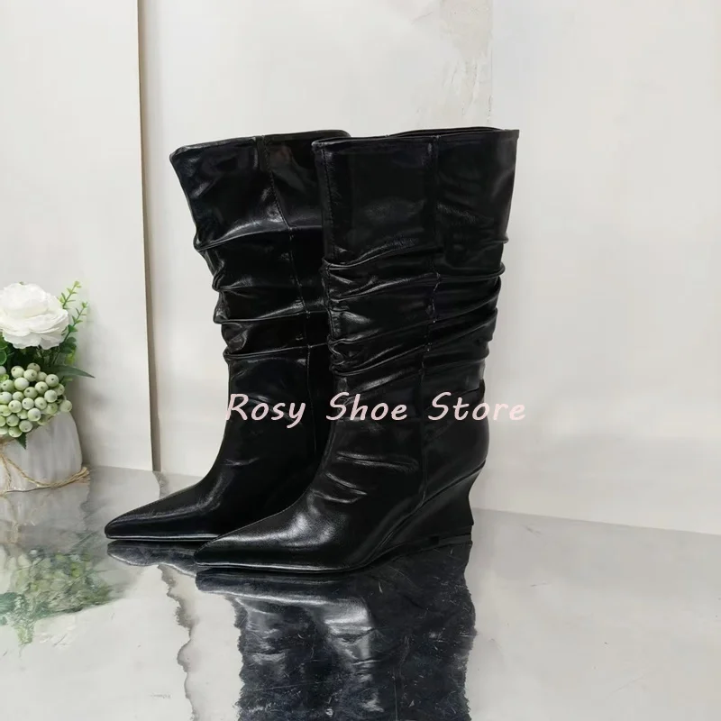 بورجوندي الجلود مترهل الأحذية مثير أشار تو الانزلاق على إسفين كعب حذاء من الجلد الشتاء أنيق الشارع نمط سيدة ناضجة الأحذية