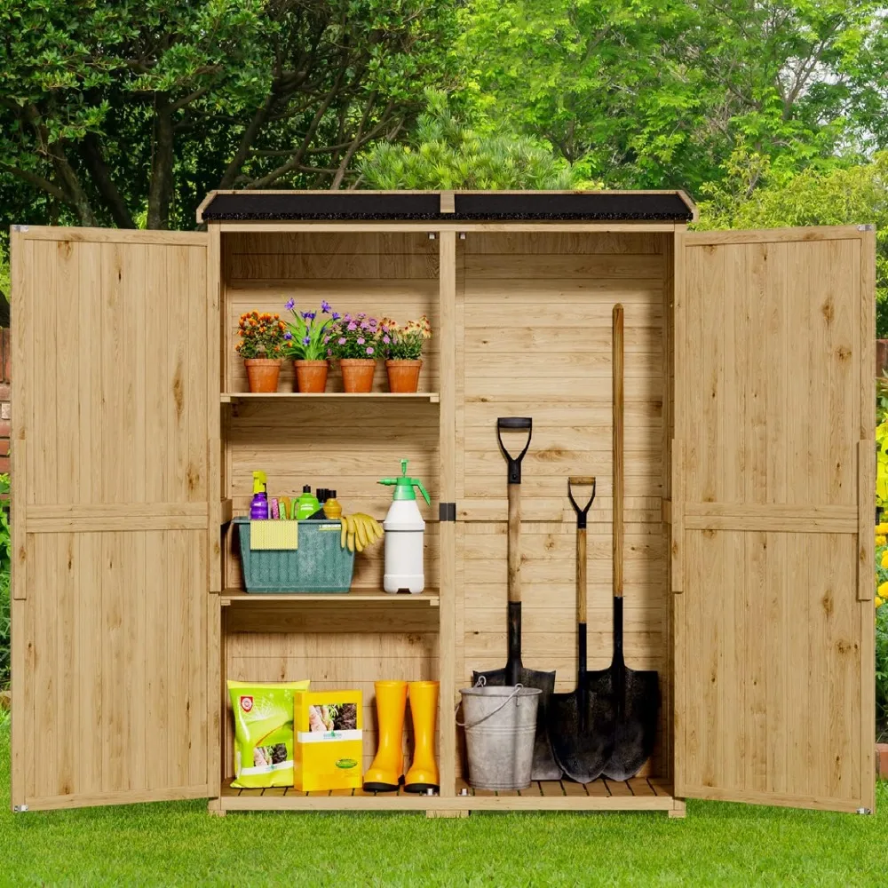 

Outdoor Storage Cabinet with Waterproof Roof, Double Door Lockable Garden Shed with 2 Removable Shelves, Wooden Storage Shed