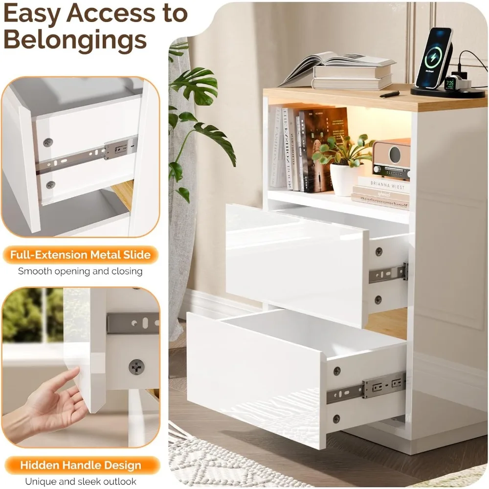 "منضدة LED لامعة مع منفذ شحن وأدراج للاستخدام بجانب السرير" #6