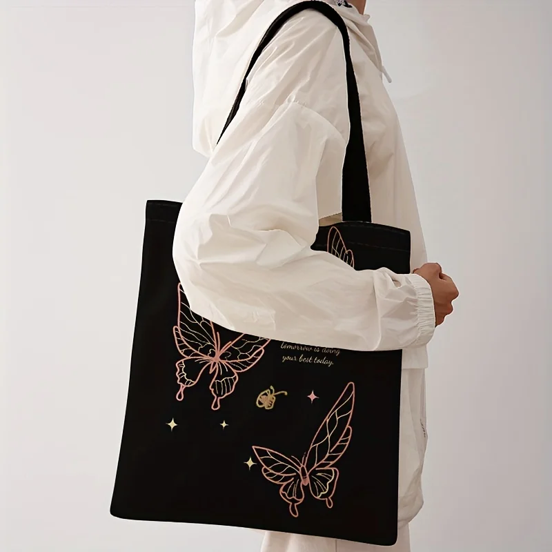 Butterfly Print Handbag Reusable Multifunctional Handbag with Pink & Golden Desig Durable Polyester High-Quality Shopping Bag