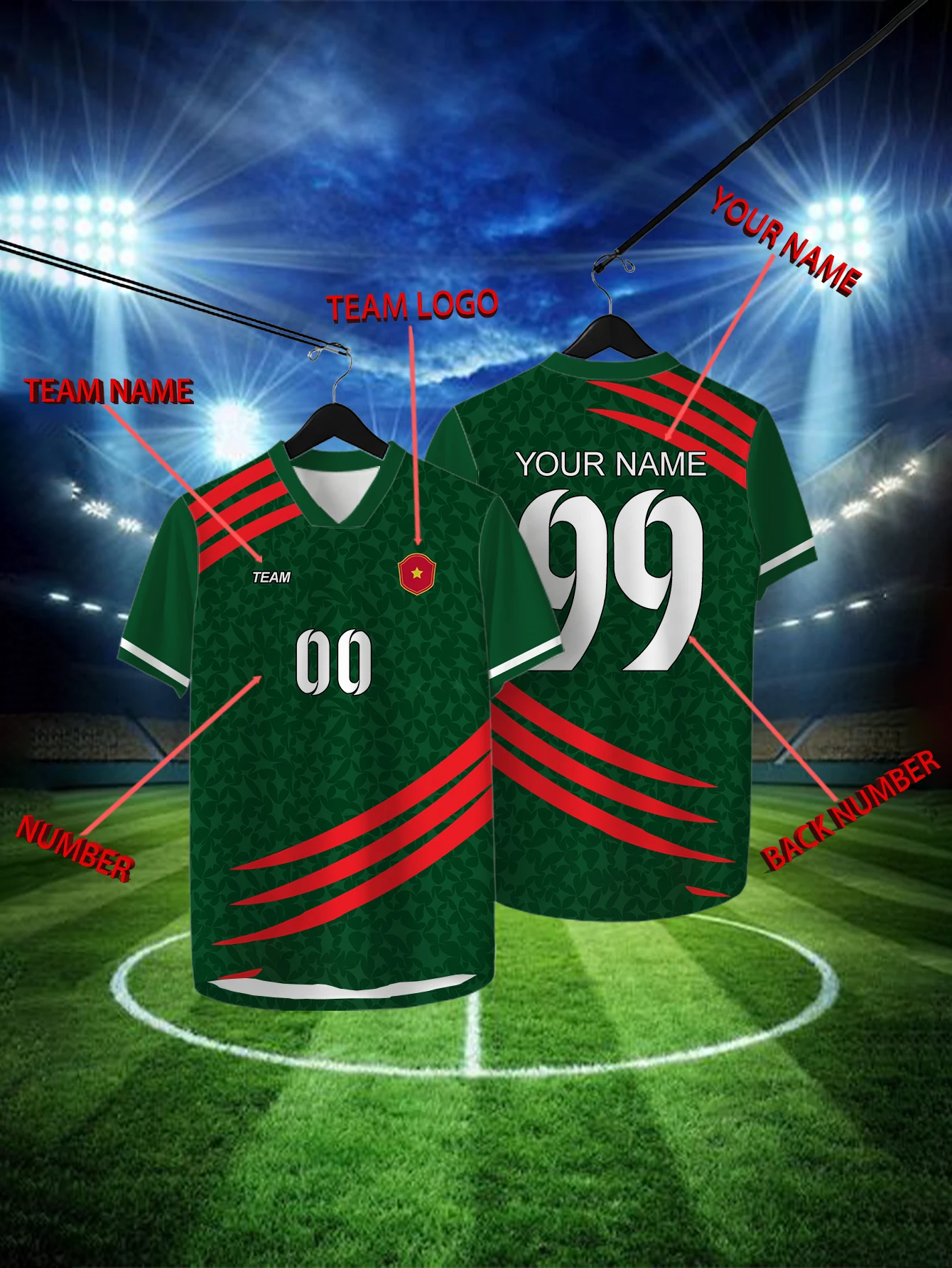 

Customized Geometric Green Short Sleeved Shirt with Team Name, Emblem, Name and Number, Outdoor Sports Short Sleeved T-shirt
