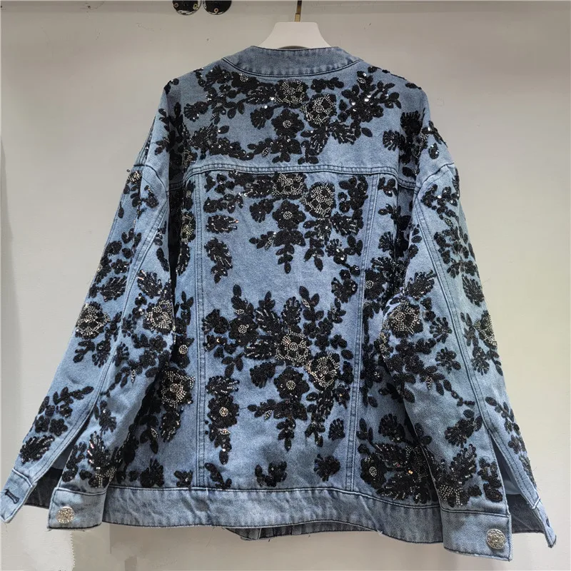 SuperAen Spring and Autumn 2025 New Design Embroidered Flares Sequined Flower O-neck Long-sleeved Denim Jacket Coats
