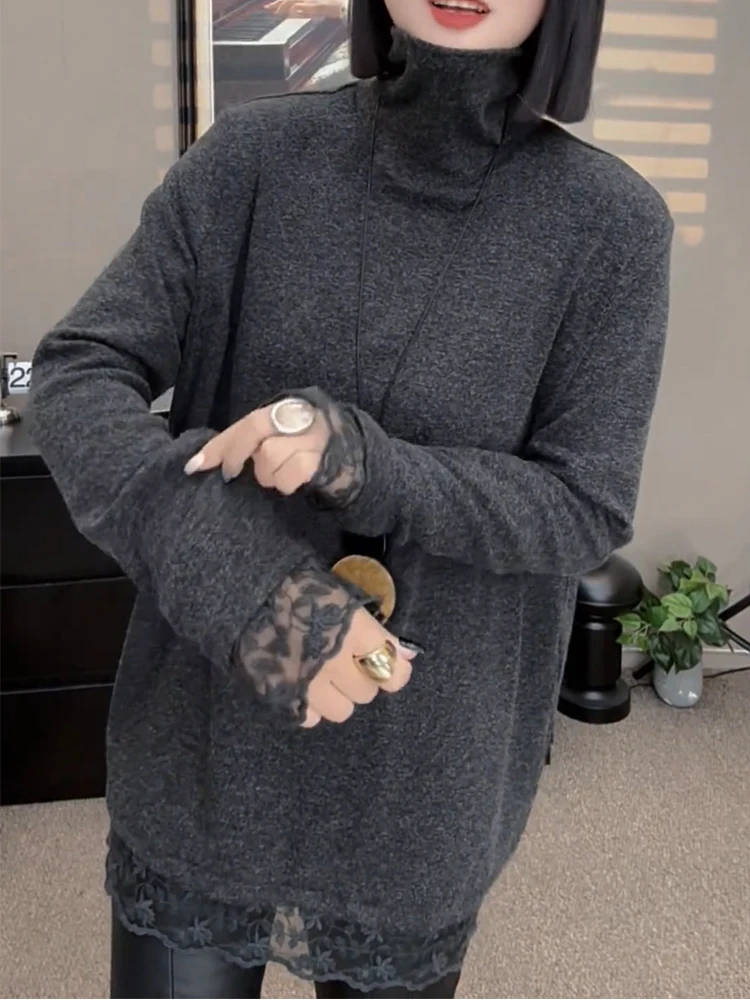 

Thiened Knitted Sweater f High Collar Lace Splicing Warm ey Faionable Top for plus Size Women Autumn Winter Clothes