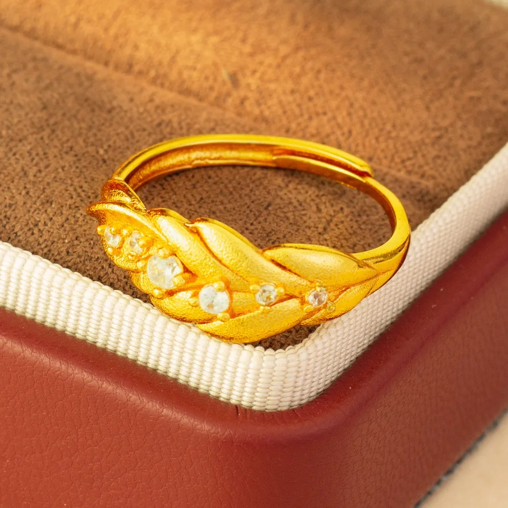 Draw point drill wheat ear ring niche design feel versatile open leaf 9999gold