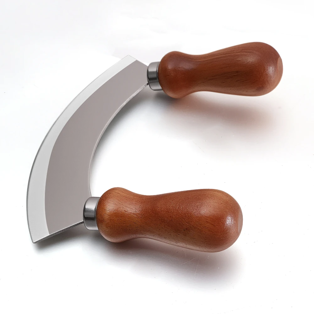 Jaswehome 5.5 Inch Stainless Steel Kitchen Herb chopper Wooden handle Pizza Cutter Fruit Vegetable Salad Chopper Mezzaluna Knife view 5