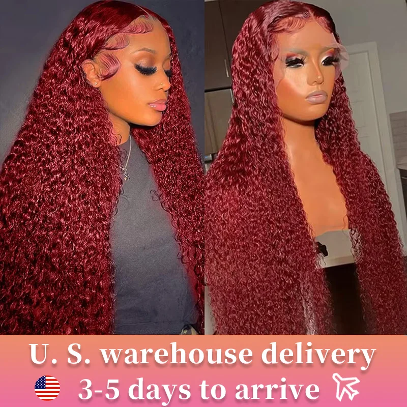 13x4 Curly 99J Burgundy Colored Lace Front Wig 30 40 Inch Colored Deep Wave wig 13x6 HD Lace Frontal Human Hair Wigs For Women