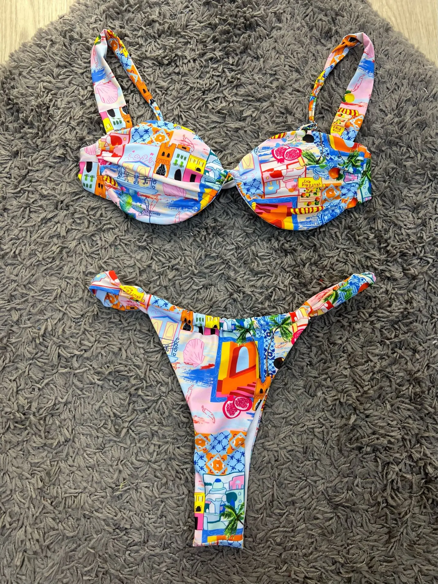 sexy push up floral print bikinis sets two pieces wrinkled high waist thong swimsuit swimwear bathing suit biquini