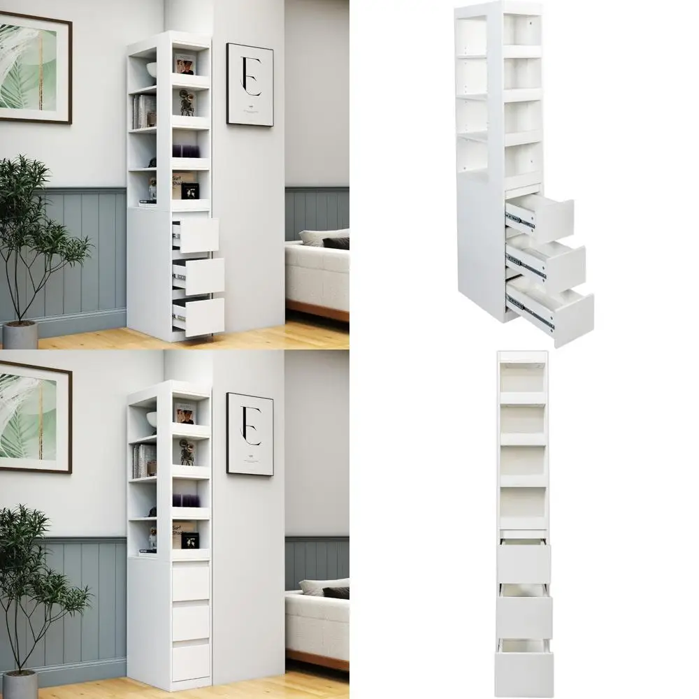 رف كتب خشبي حديث طويل القامة مع أرفف من 4 طبقات و3 أدراج جانبية، وخزانة تخزين للاستخدام في غرفة المعيشة/المنزل #1