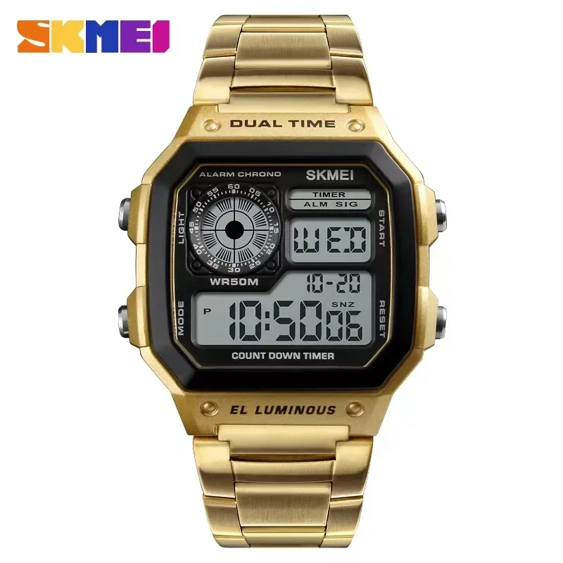 Skmei-Relógio digital masculino com pulseira de aço inoxidável, relógios esportivos impermeáveis, 5Bar, 1335