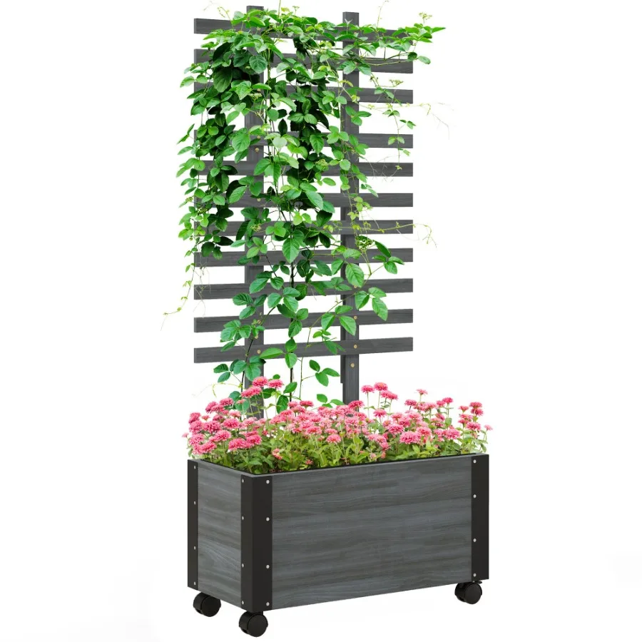 

Raised Garden Bed with Trellis 58 Outdoor Wooden Planter Box with Wheels for Vine Plants Flowers Climbing and Planting Gray