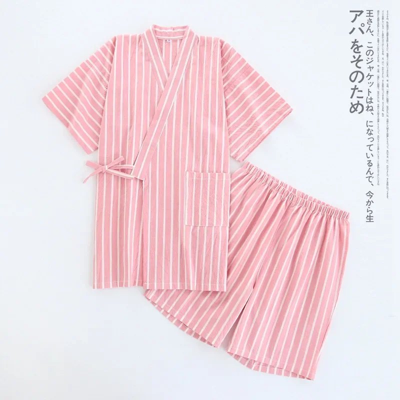 New 100% Cotton Thin Striped Pajamas for Men and Women Kimono Short-sleeved Shorts Pijamas Couple Summer V-Neck Home Clothes