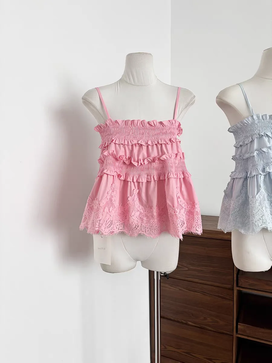 Elegant Lace Trim Hollow out White Strapless Top Women Summer Outerwear Folded Wrinkle Vest Layered Sense Fairy Atmosphere