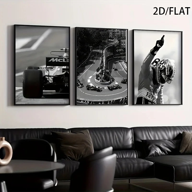 

3pcs 2D/FLAT Racing Theme Black and White Art Three Frameless Paintings Modern Minimalist Posters Suitable for Home Decorative