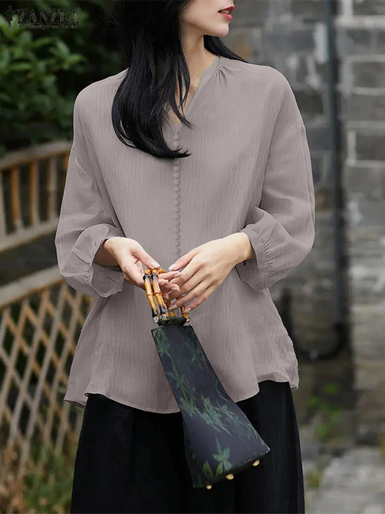 

Vintage Style Fahion Blouse 2025 ZANZEA Casual 3/4 Lantern Sleeve Tops Elegant Solid Color Tunics Fashion Three Quarter Pullover