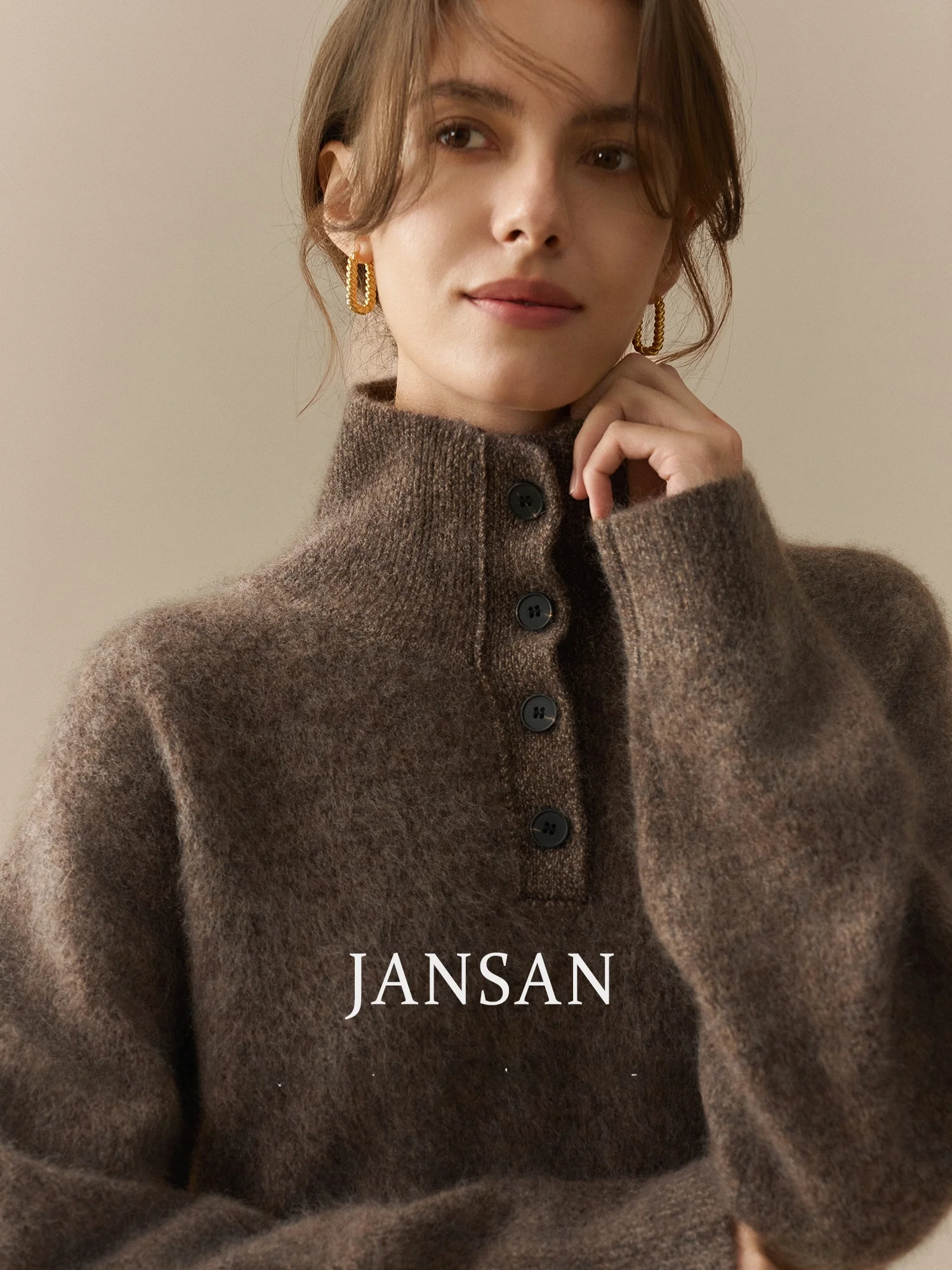 

JANSAN Women's Knitted Wool Sweater High Collar Loose Fit Warm f Buttoned Full Wool Velvet Feel Comfortable Winter Top