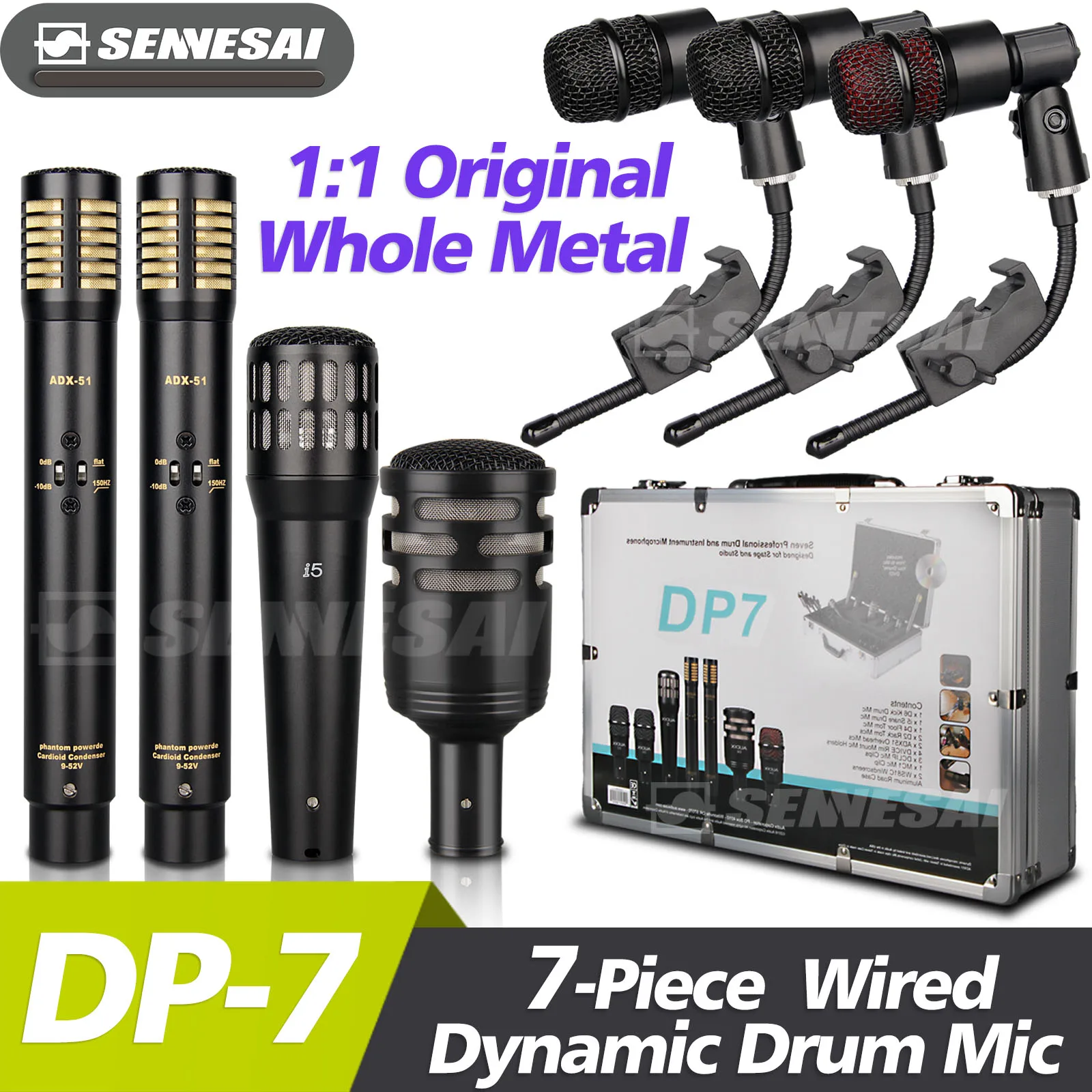 NEW! DP7 7-Piece Wired Dynamic Drum Microphone (Metal)- Kick Bass, Tom/Snare & Cymbals Mic Set With Aluminum Box Top Quality！