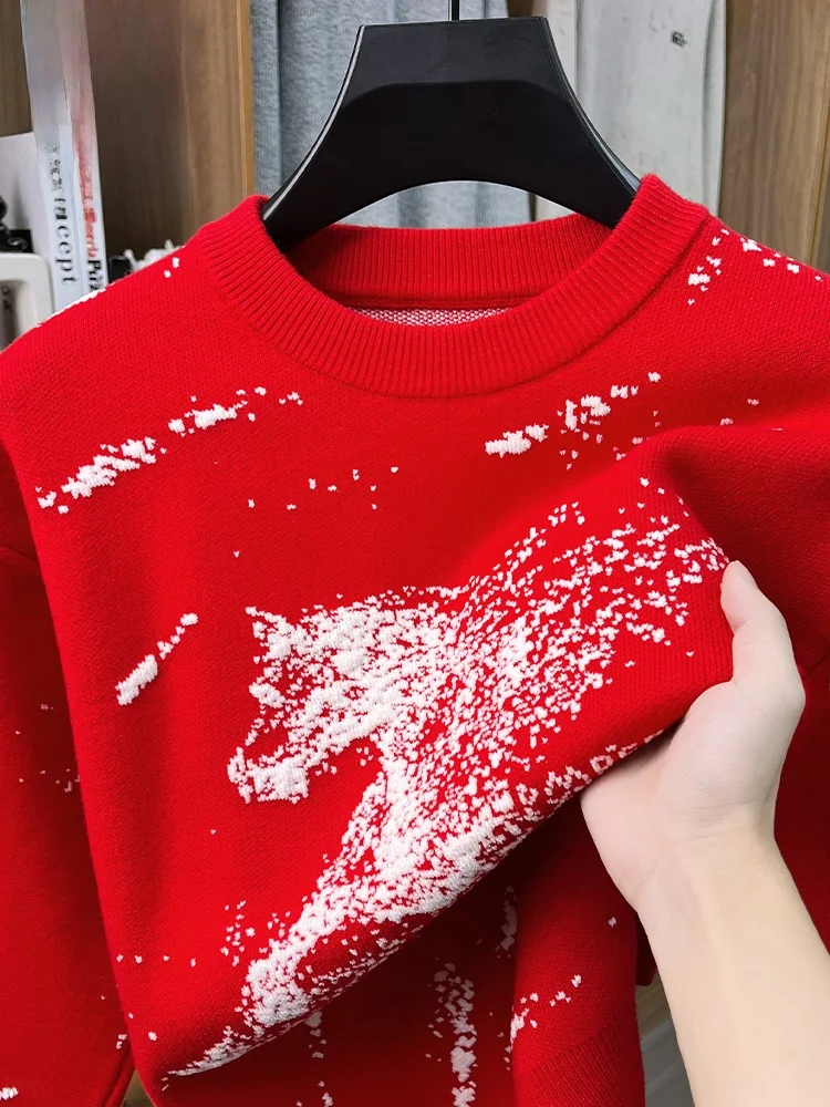

Rn Men's Knitted Sweater round Ne Pullover Comfortable Winter Faionable Winter New Year Red Celebration Loose Fit
