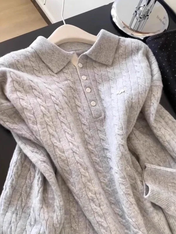 

Gray Knitted Sweater Women's Spring Large Size Fluffy Cabled Neck Design Soft Inner Shirt Top Korean Style Commute Fashion