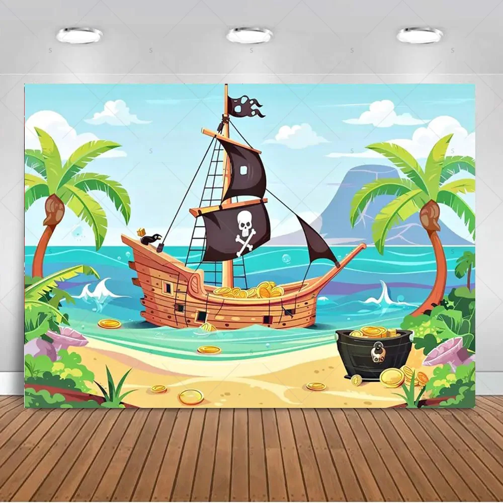 Piratenschiff-Thema Geburtstagsparty-Dekoration Hintergrund Goldmünzen-Ballon Ozean-Kulisse Kinderfotografie-Zubehör Banner Requisiten – Detail 1