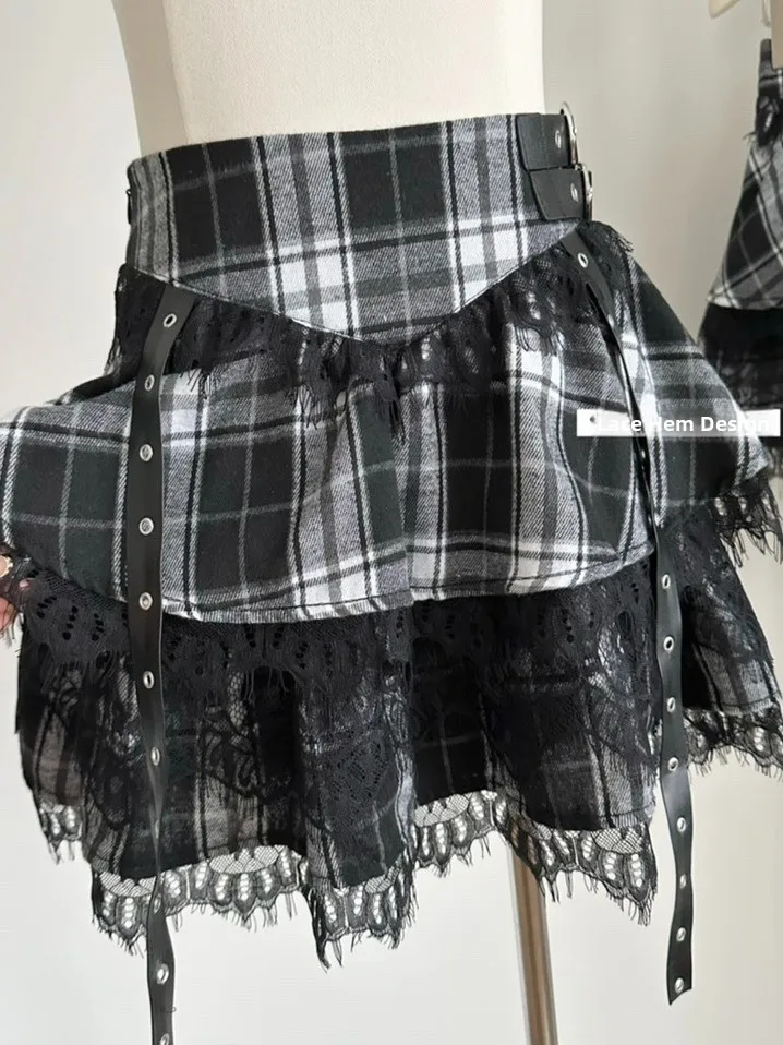 

k Sle Women's Design Sense Skirt Plaid Lace Patchwork High Waist Puffy French Sle Casual Polyester Fiber Skirt
