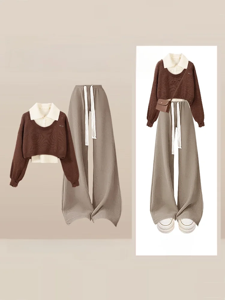 

Women's Autumn Winter Casual Soft Style Long Sleeve Knitted Top High Waist Wide Leg Pants Three Piece Set Layering Fashion