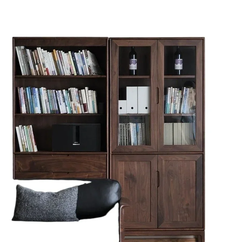 

North American black walnut bookcase with door, all solid wood floor-to-ceiling bookshelf