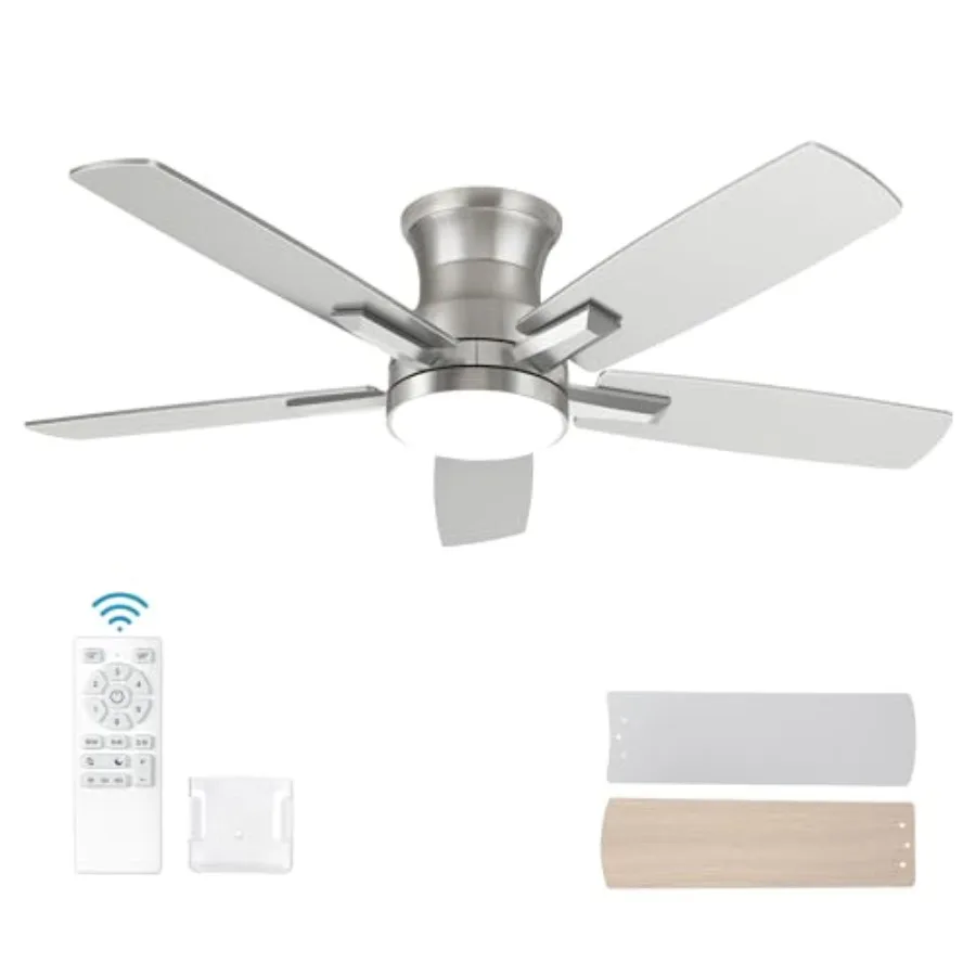 

42 Inch Flush Mount Brushed Nickel Ceiling Fan with Light and Remote Control.Noiseless, Dimmable, 3CCT, 6 Speeds Reversible, Lo