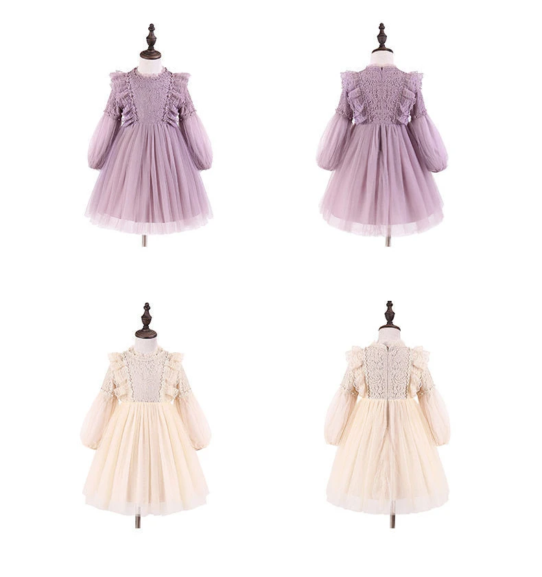 Frühling Herbst Kinder Mädchen Kleider Laterne Hülse Spitze Prinzessin Kleid Perle Süße Oansatz Mesh Party kinder Kleidung Vestidos – Detail 6