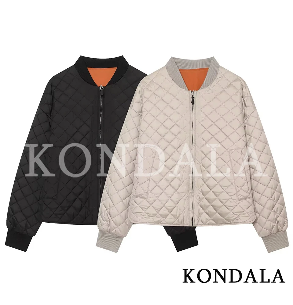 KONDALA Women Casual Versatile Padding Jacket Coat Streetwear Elegant Rhombus Zip-up Jacket 2026 Fall Winter Chic Commute Jacket