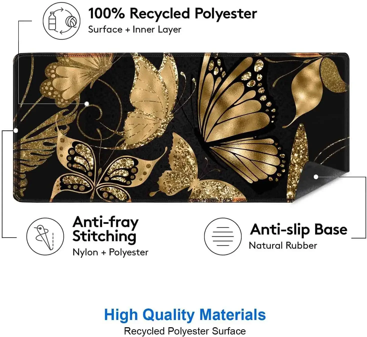 حصيرة مكتب باللونين الأسود والذهبي مقاس 35.4 × 15.7 بوصة XL XXL لوحة ماوس كبيرة للألعاب قاعدة مطاطية غير قابلة للانزلاق على شكل فراشة ذهبية لامعة فنية