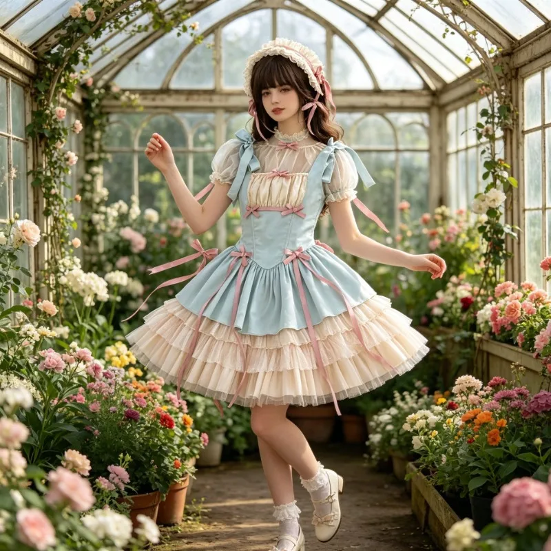 Mint Blue Pink Ballet Style Little Ribbon Lolita Dress Summer Strap Cake Puff Skirt Gentle Girl Princess Style Side Zipper Dress