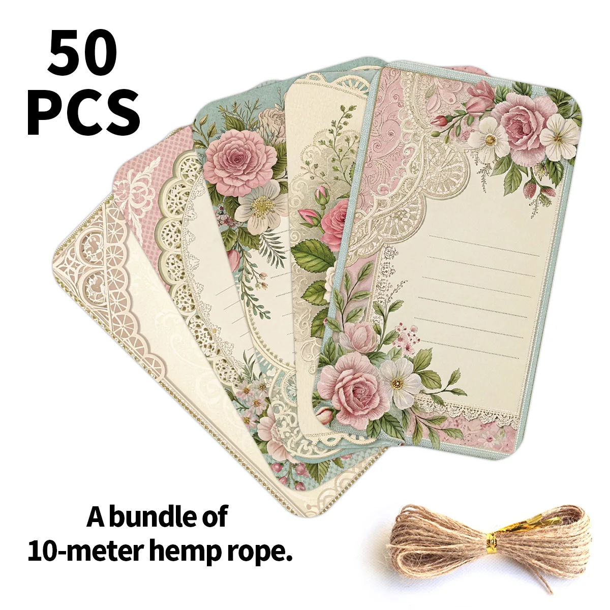 50 Stück Hängeetiketten mit Spitzen-Blumenmuster und Seil, für Hochzeit, Valentinstag, Gastgeschenke, Brautparty-Dekoration, romantische Geschenkverpackungsetiketten – Detail 3