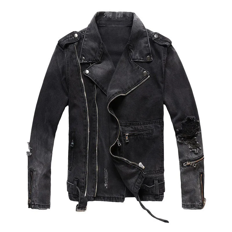 Men's Denim Jacket for Autumn and Winter. American Retro High Street Punk Style Fashionable Ripped Slim-fit Motorcycle Jacket.