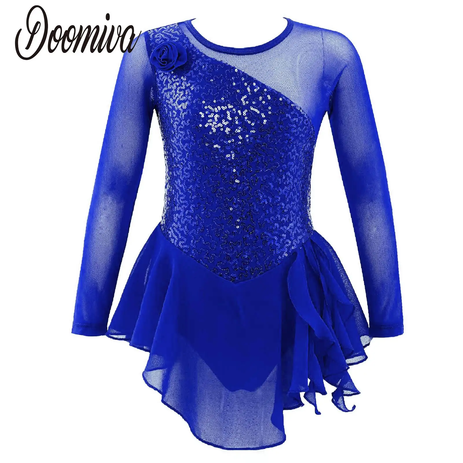 Sequin Figure Skating Dress for Girls Sheer Mesh Long Sleeve Patchwork Roller Skating Leotards Dress Ballet Dance Performance