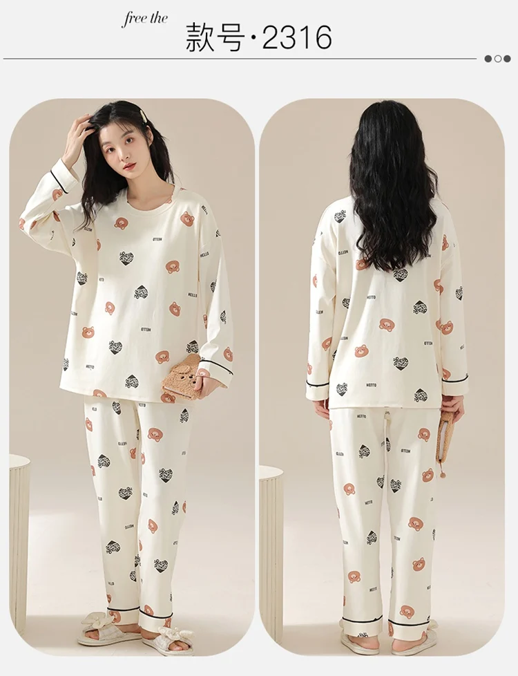 2024 Spring Plus Size Long Sleeve Cotton Print Pajama Sets for Women Korean Cute Sleepwear Pyjamas Pijama Mujer Homewear Clothes