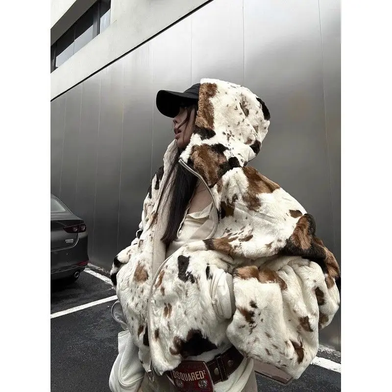Double-Sided Cow Pattern Patchwork Furry Thick Coat for Women Autumn and Winter Vintage Furry Top