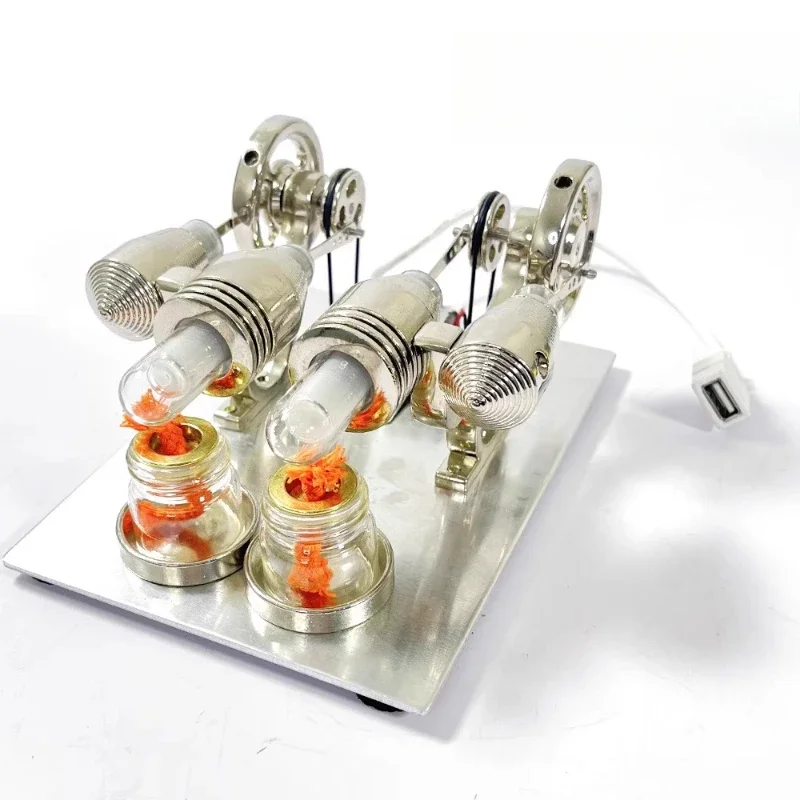 Twin-cylinder Stirling engine 12V power + LED lamp heated, can start the model